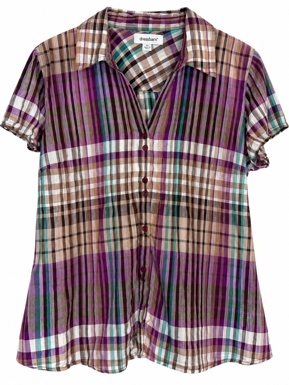 Dressbarn XL Multicolor Plaid 100% Cotton Short Sleeve V-Neck Top